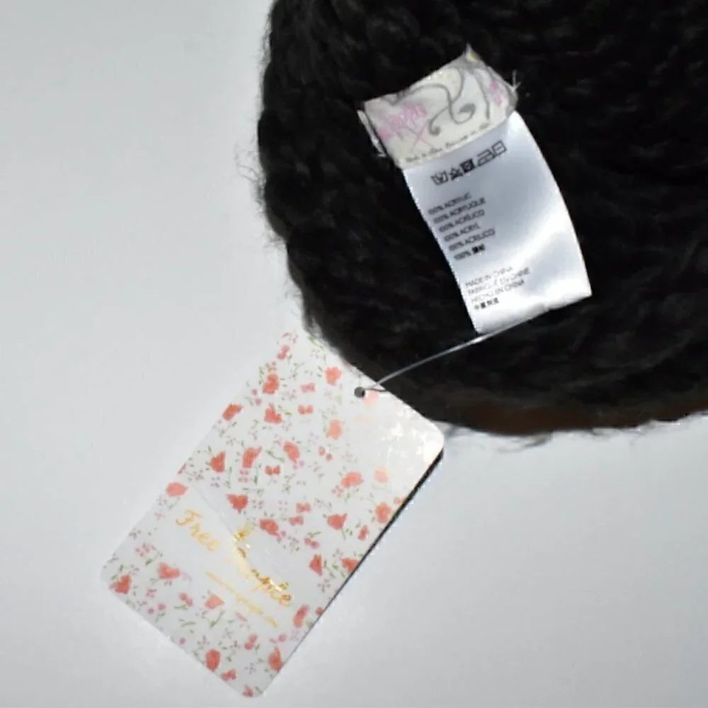 Free People Cozy Chunky Knit Colorblock Pom Pom Beani Winter Hat Black B…